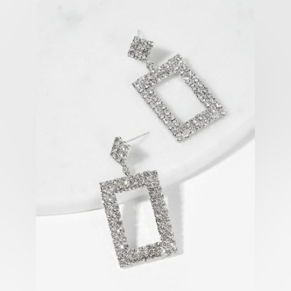 Rectangular Crystal Rhinestone Dangle Earrings - Picture 2 of 3